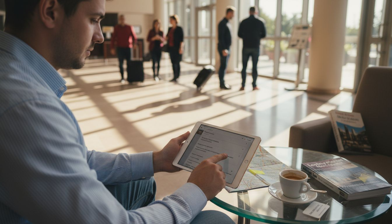 Man checking car rental platform user reviews