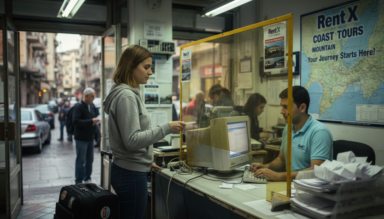 Customer returning car at city rental office