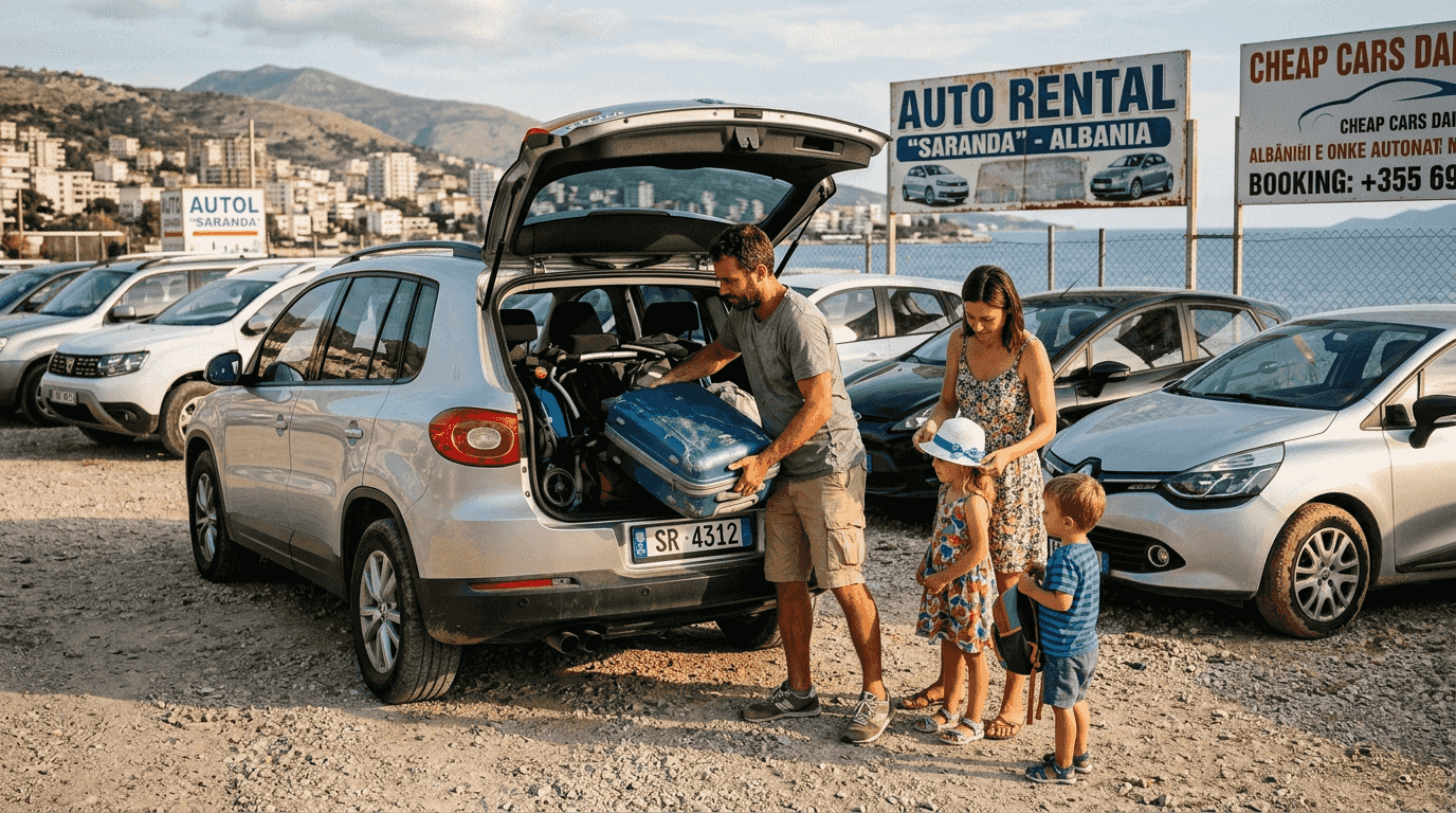 Family loading bags into midsize Albanian rental SUV