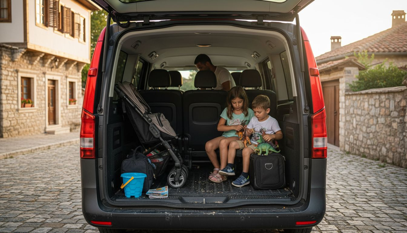Family loading luggage in minivan interior