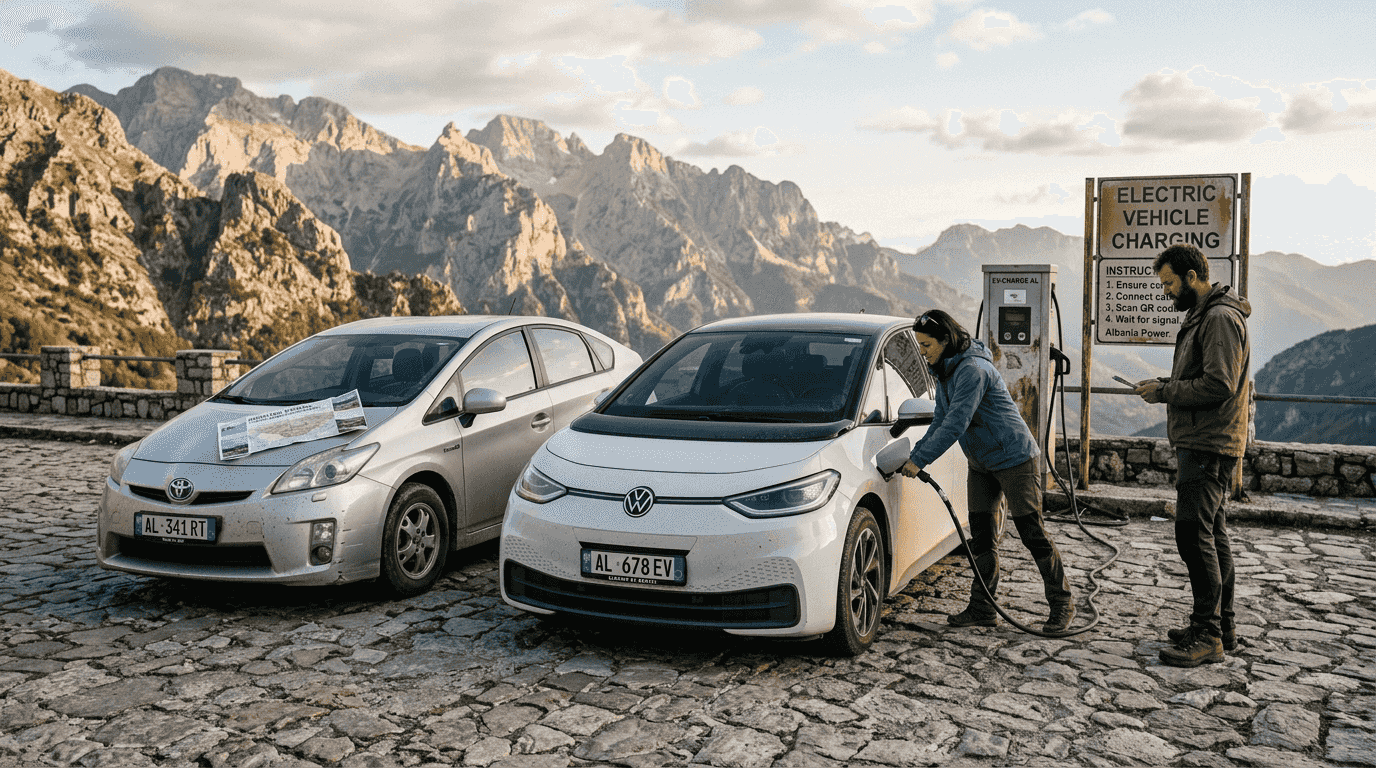 Hybrid and electric cars parked at mountain overlook
