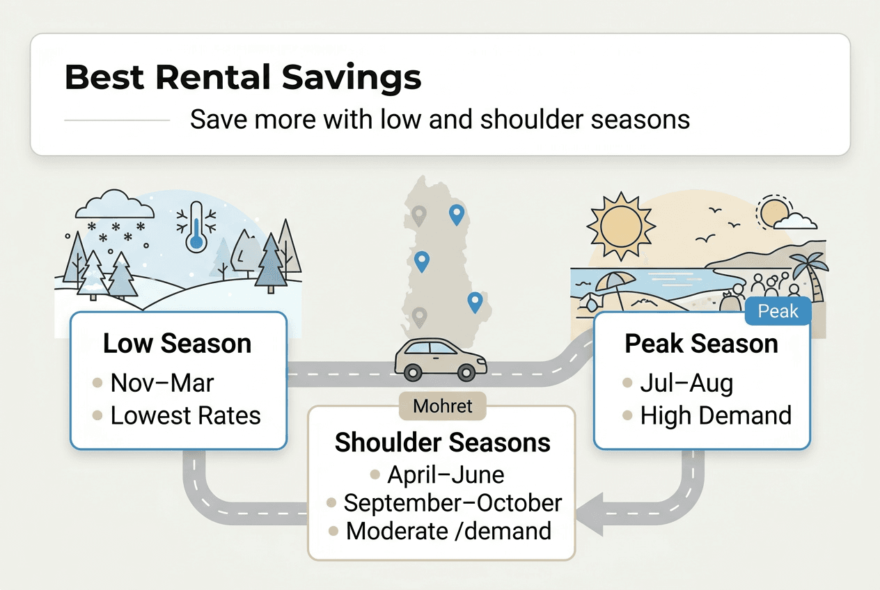 Infographic comparing car rental seasons in Albania