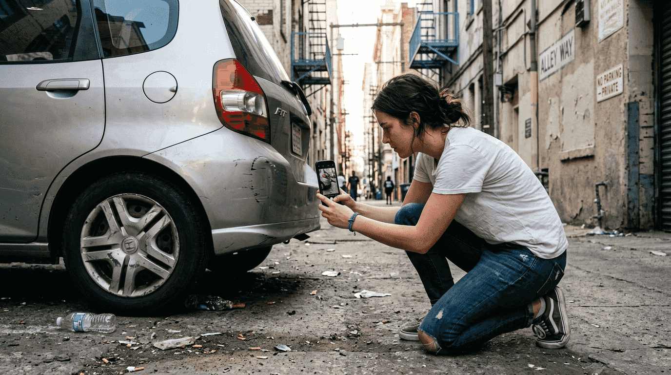 Woman photographing rental car damage for records