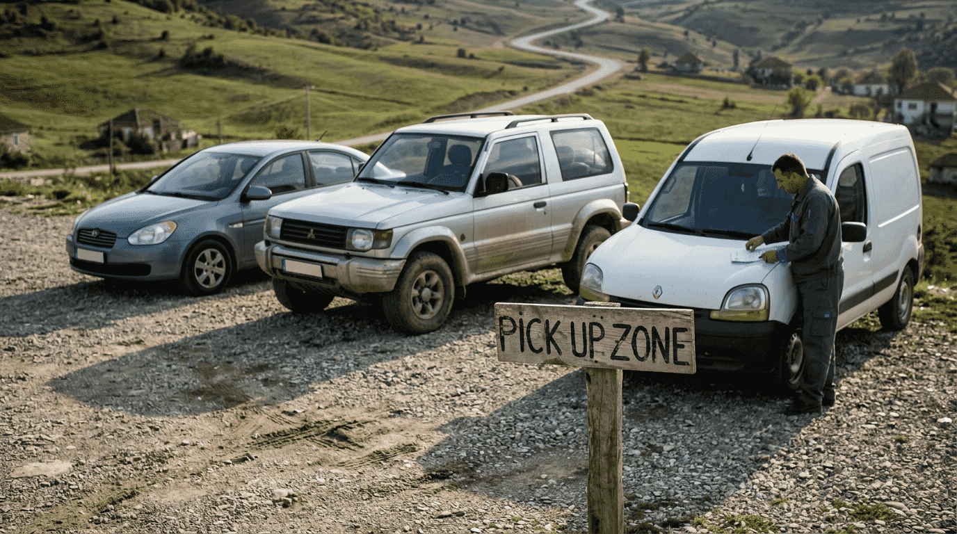 Rental cars on gravel with hilly background