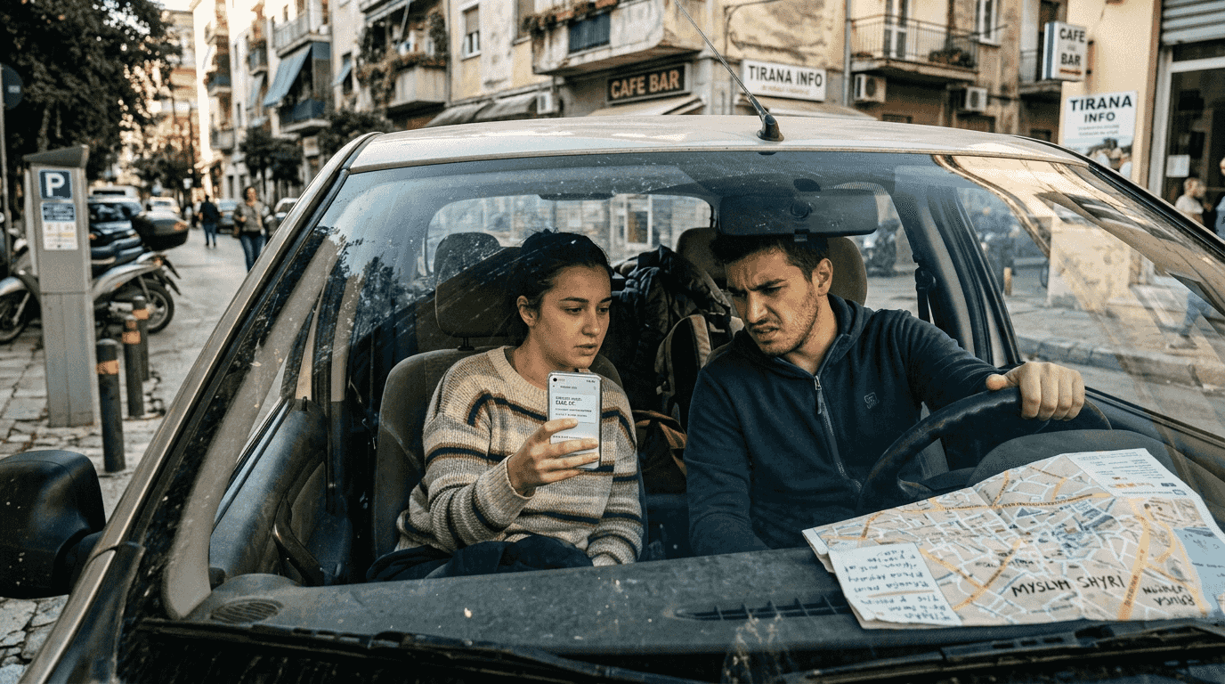Travelers in car checking deposit hold on phone