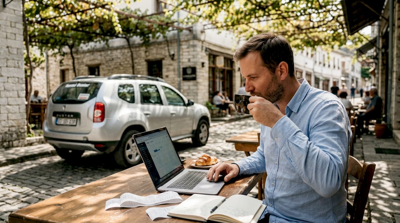 Expat working at café with rental SUV in Albania