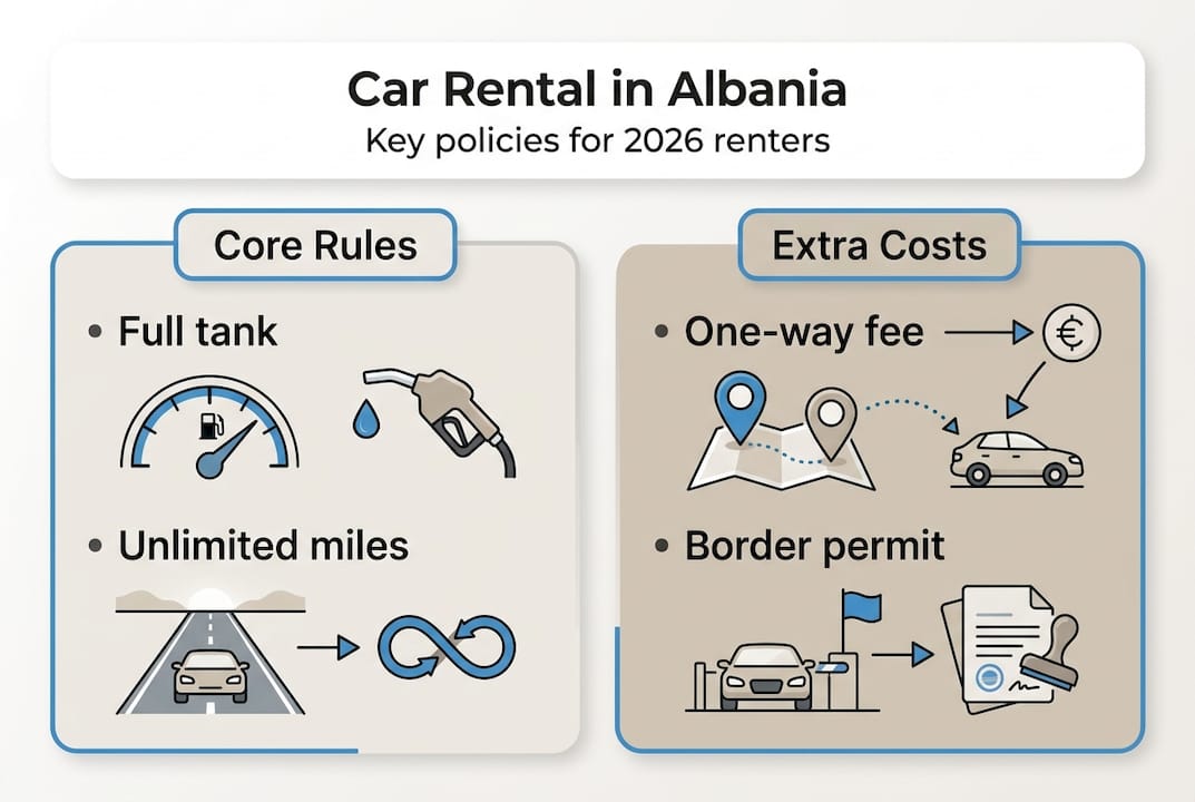 Infographic summarizing Albanian car rental policies