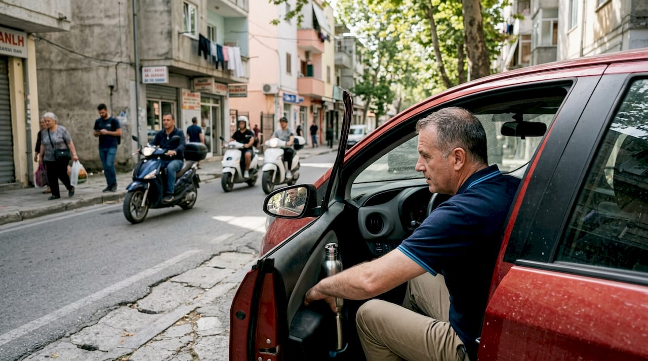 Man parking Toyota Yaris on Tirana street