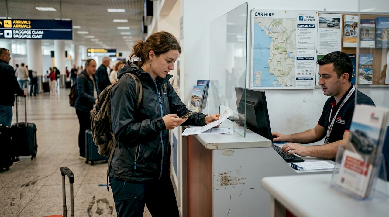 Customer at Tirana Airport car rental counter