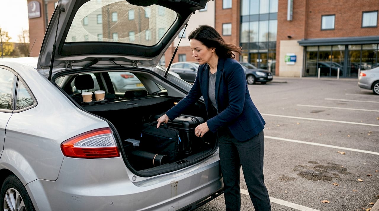 Executive loading luggage into rental car trunk