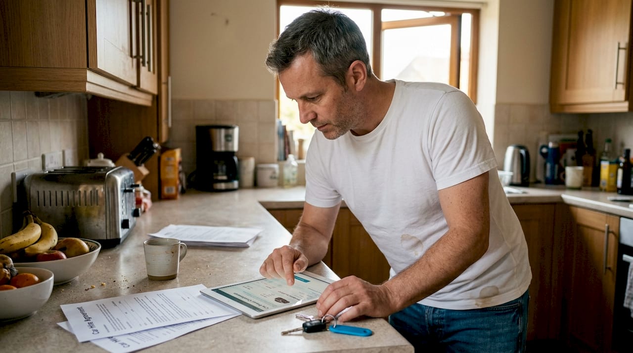 Man reviewing car rental booking documents