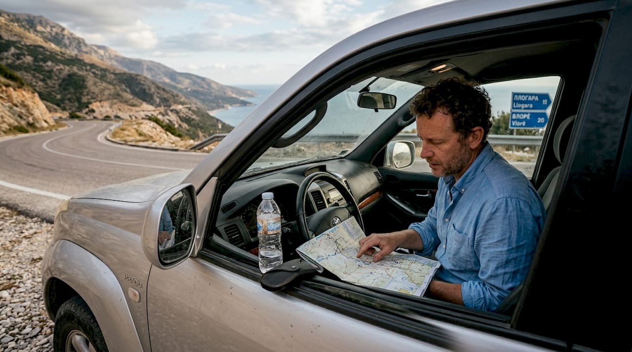SUV driver checking map in Albanian mountains