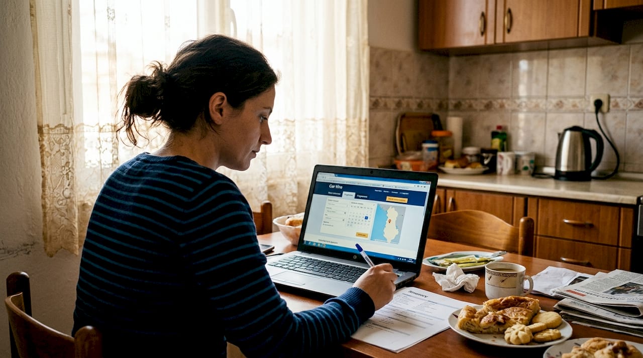 Woman booking car hire online at kitchen table
