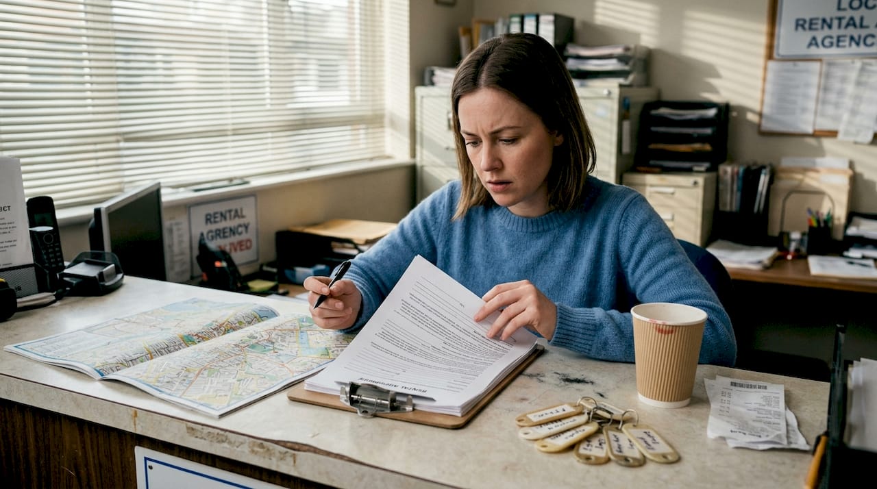 Woman inspecting car rental paperwork at agency desk