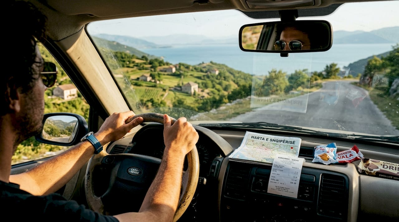 Driving through Albanian mountains with scenic view
