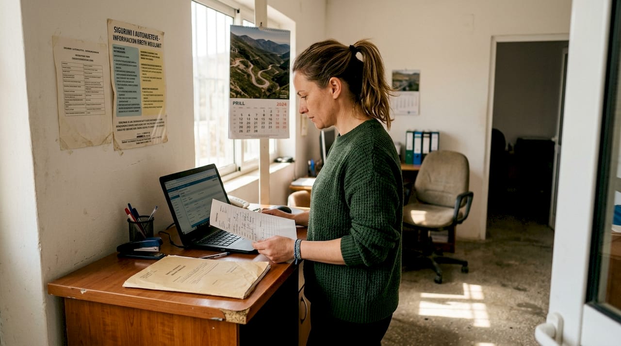 Local Albanian car hire firm office scene