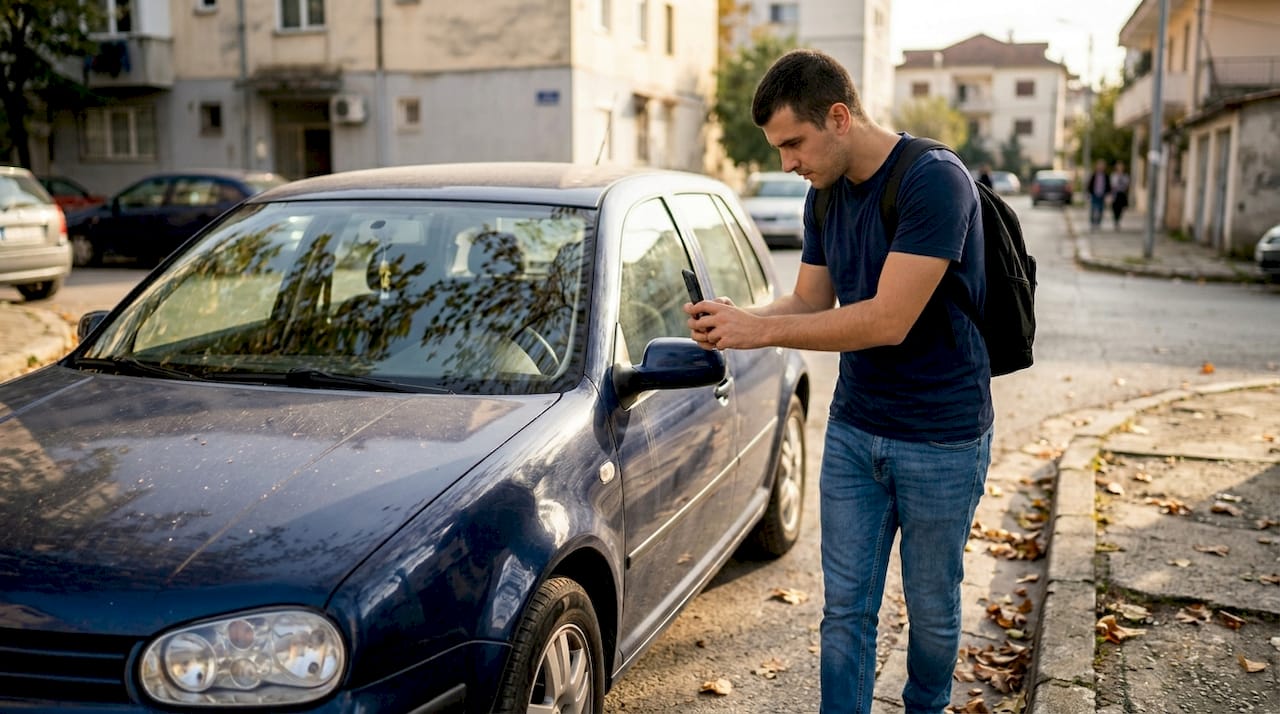 Man photographing rental car for inspection