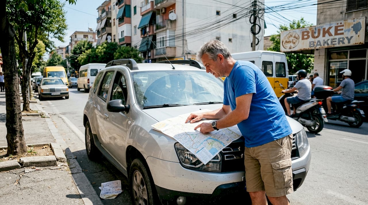 Tourist reading map on parked rental car in city
