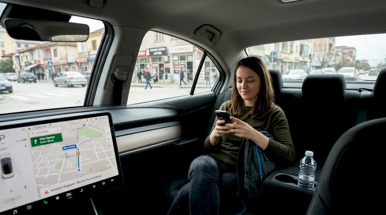 Passenger in self-driving car monitoring trip