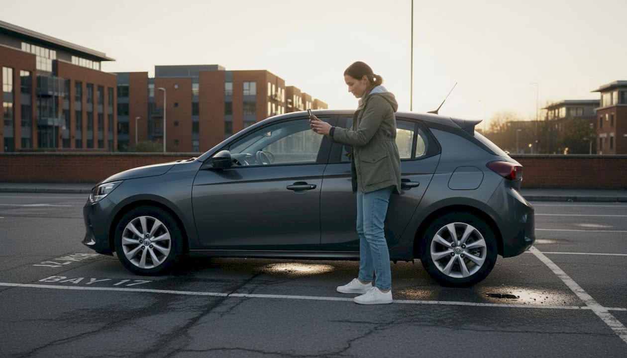 Woman photographing rental car for inspection