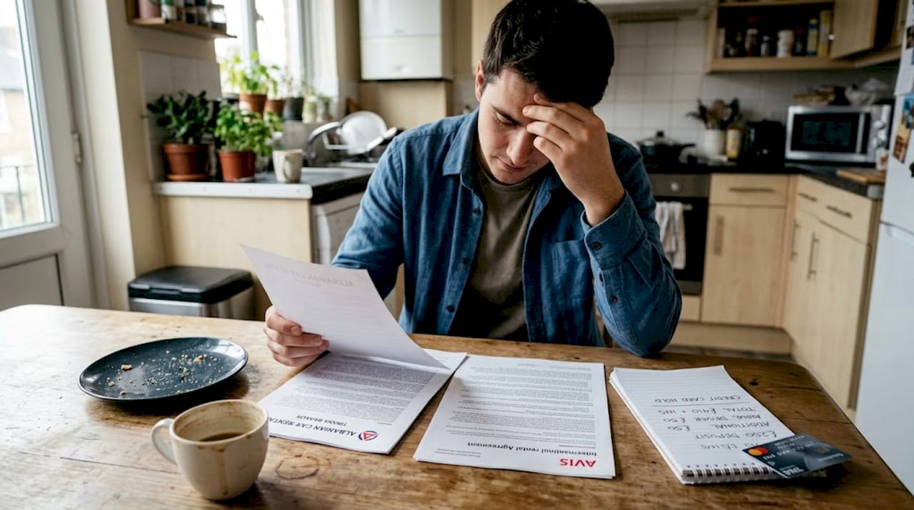 Person comparing car rental contracts and notes