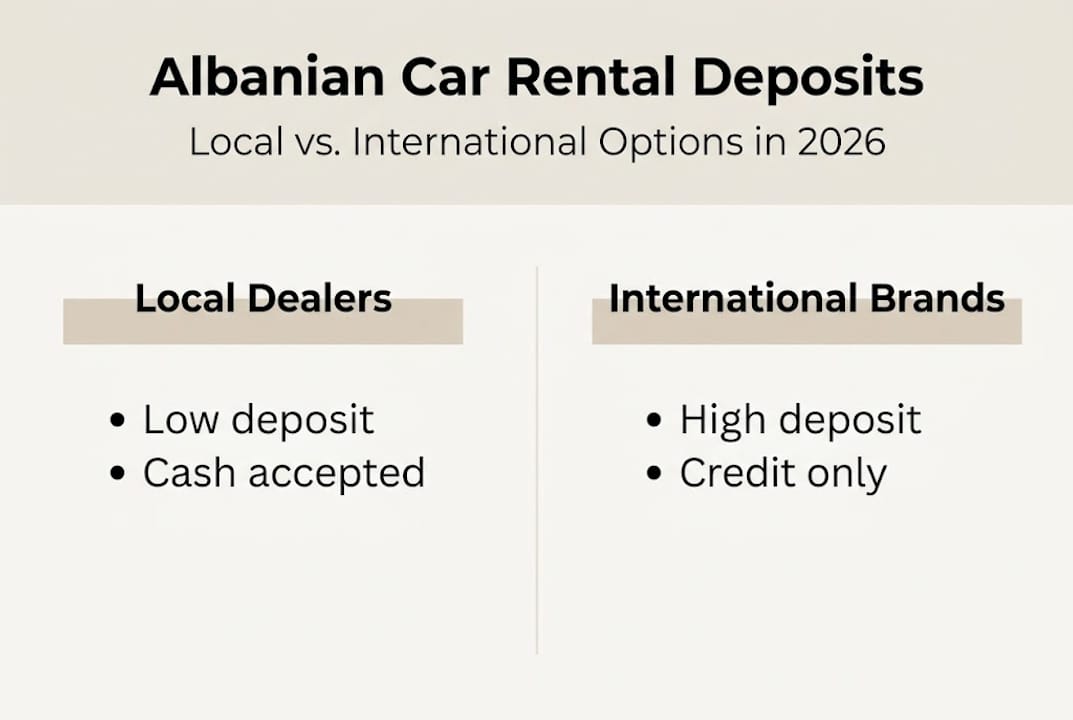 Infographic comparing Albanian and international car rental deposits