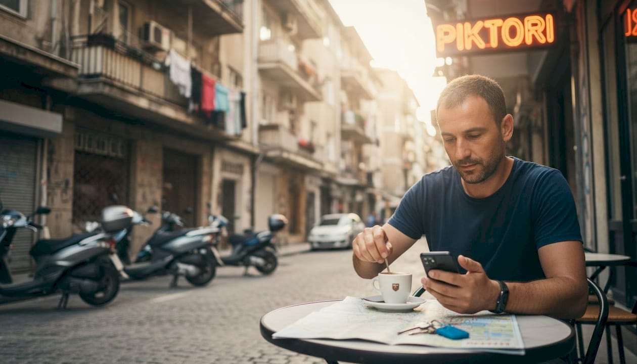 Expat at Tirana Blloku cafe with city map