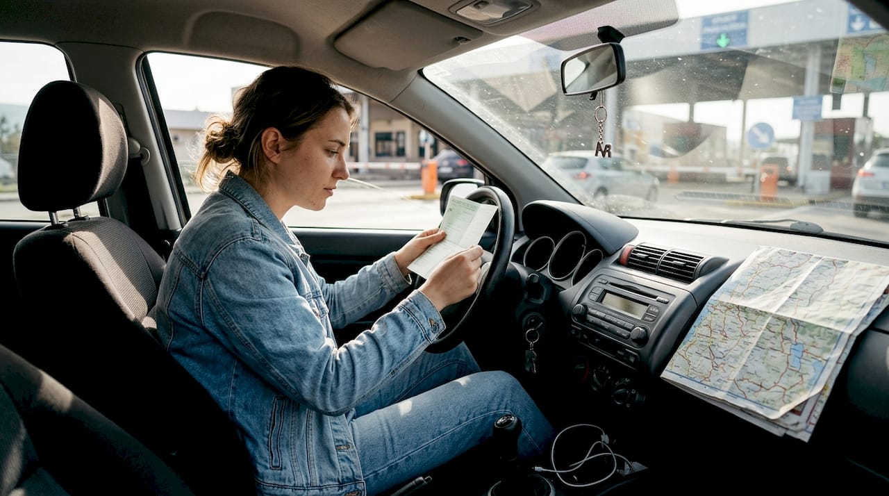 Driver reviewing green card in car
