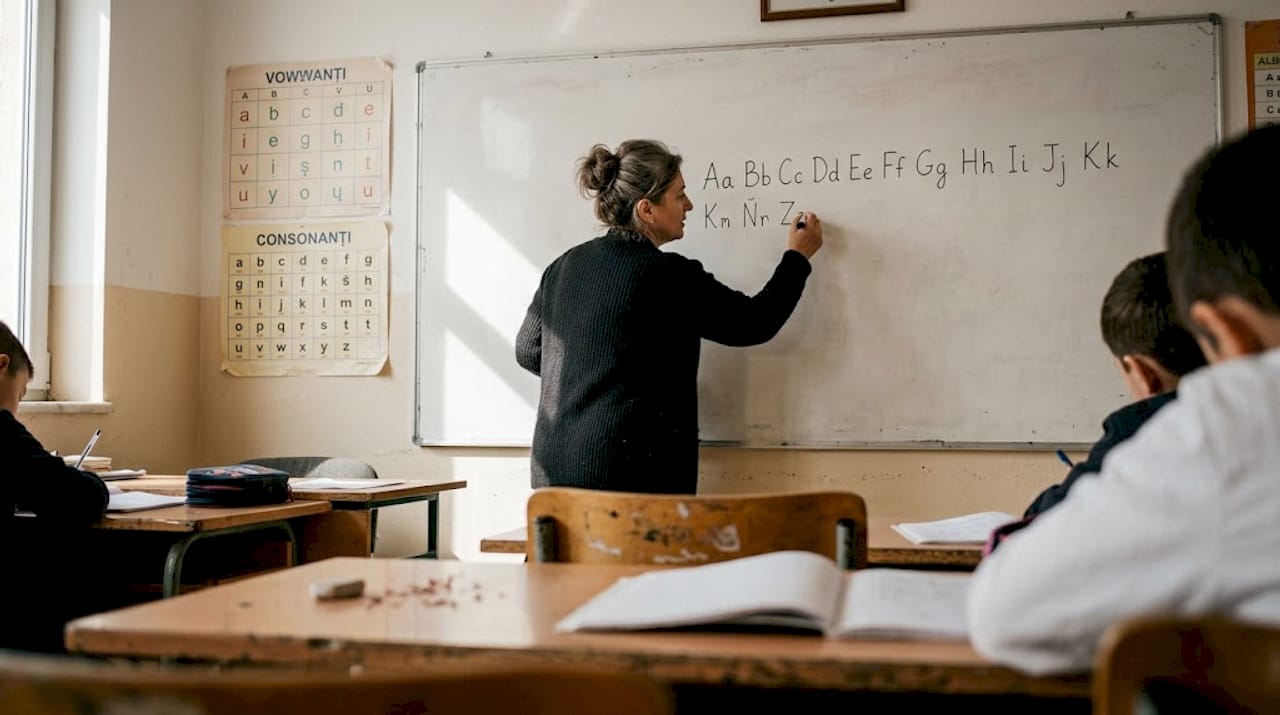 Teacher writing Albanian alphabet on classroom board