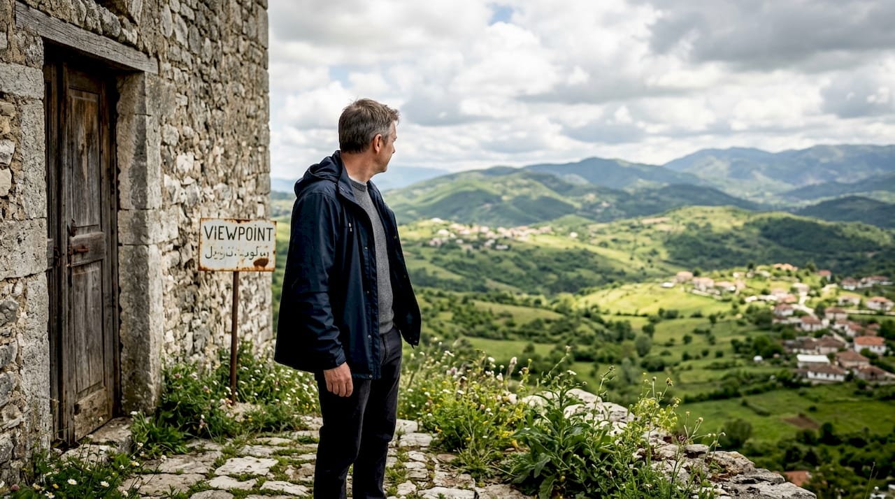 Man at Petrela Castle overlooking countryside