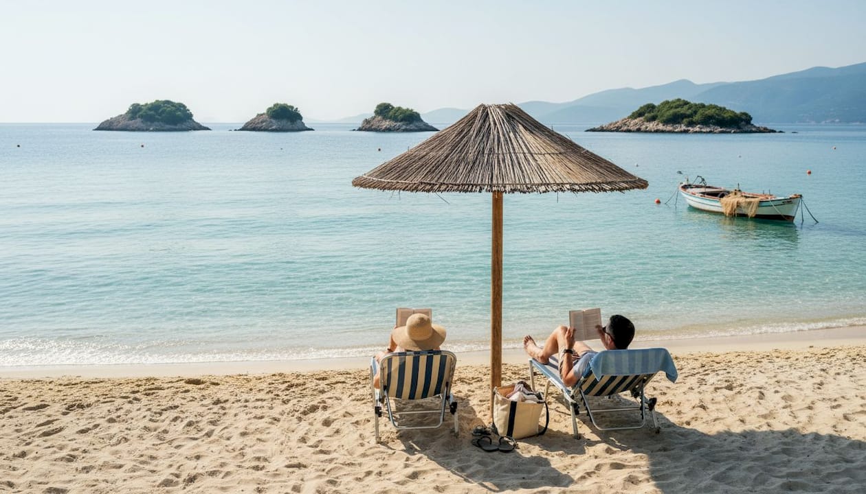 Locals reading on Ksamil Beach in late morning