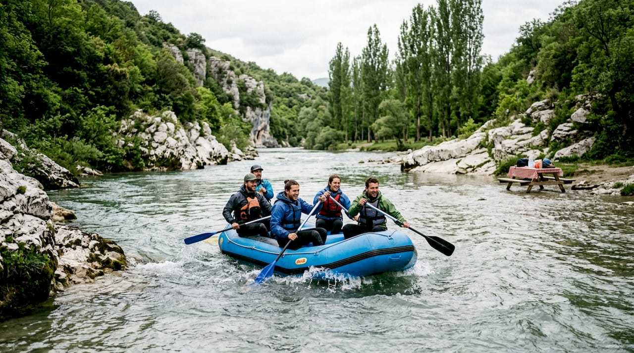 Friends rafting on Albania’s Vjosa River