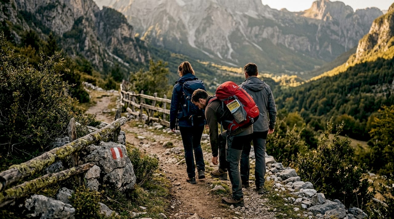 Trekkers hiking Theth-Valbona mountain trail