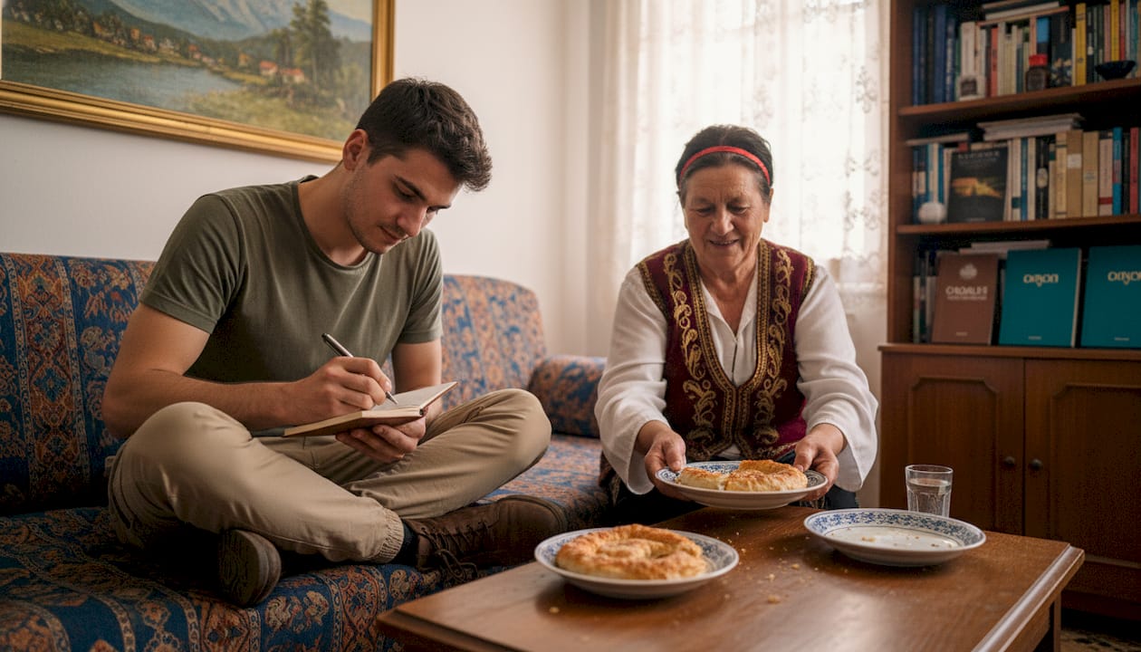 Traveler and host in cozy Shkoder guesthouse