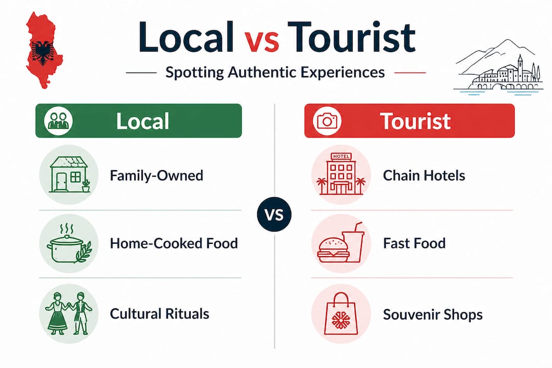 Infographic comparing local and tourist experiences in Albania