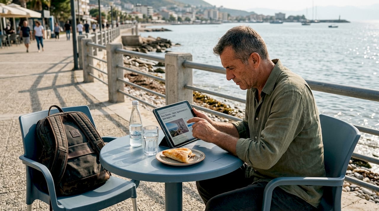 Man searching rentals in Vlorë coastal café