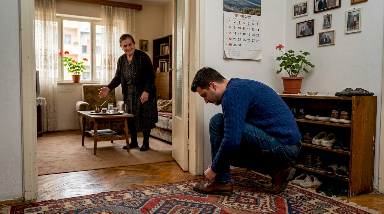 Guest removing shoes in Albanian home entryway