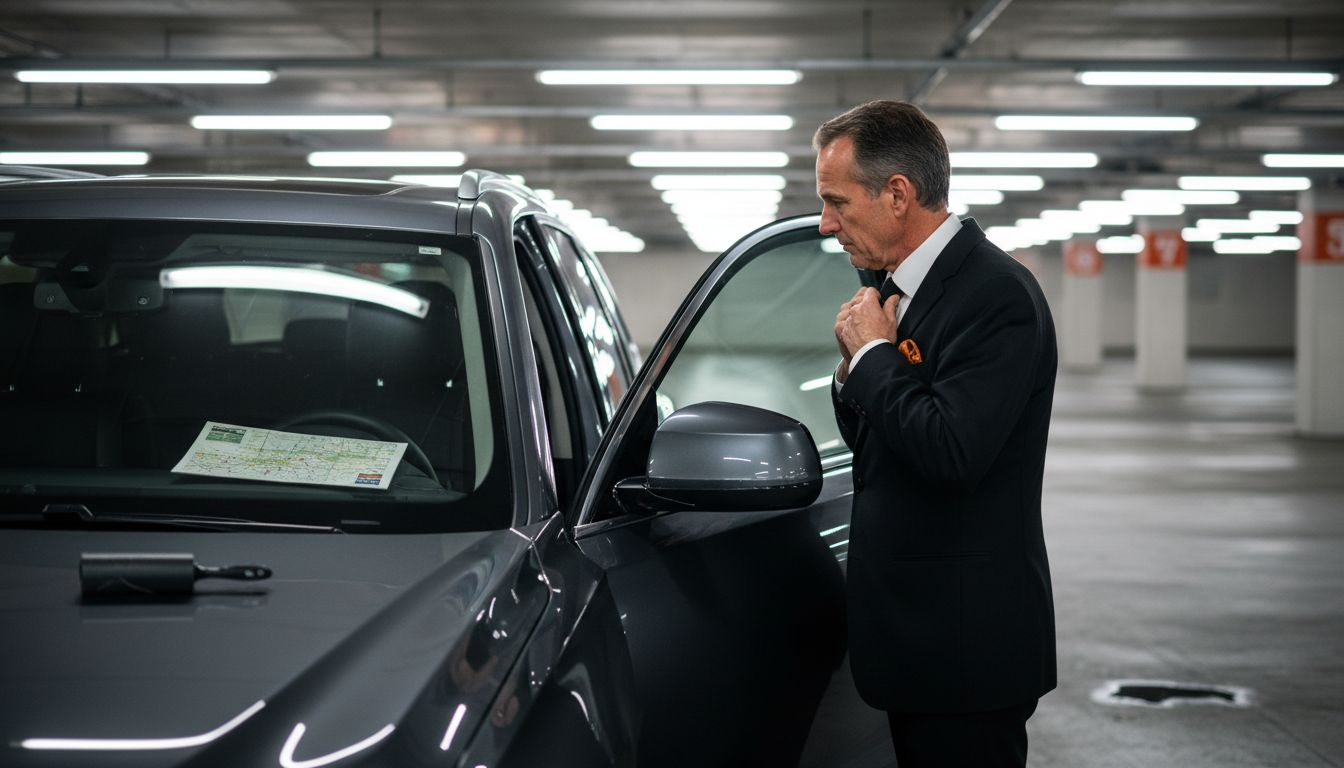 Chauffeur in parking garage adjusting tie beside SUV