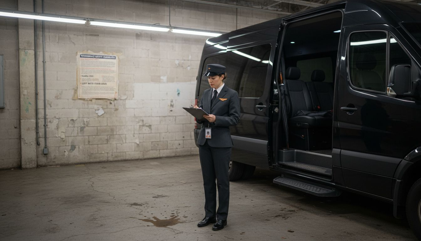 Chauffeur reviewing credentials next to luxury van
