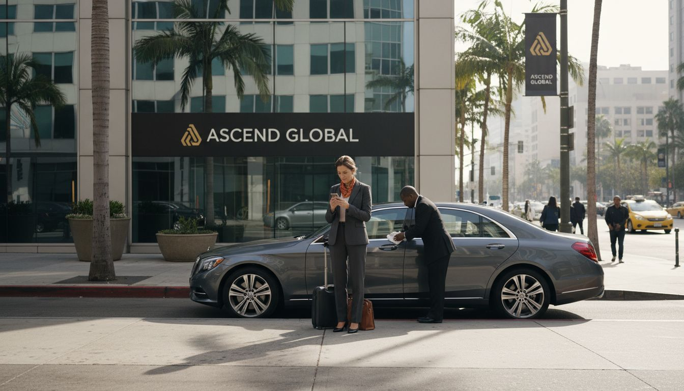 Business traveler boarding luxury car downtown