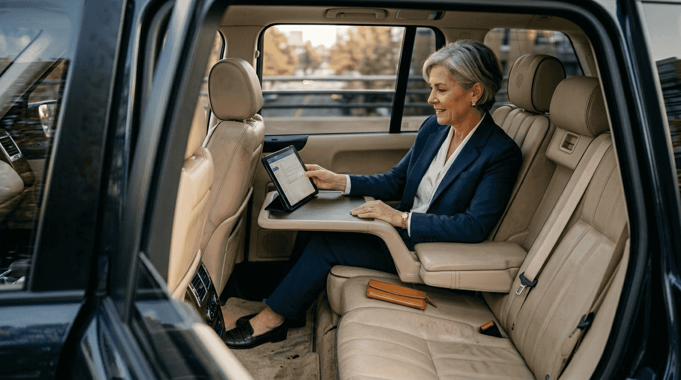 Relaxed client in VIP luxury vehicle interior