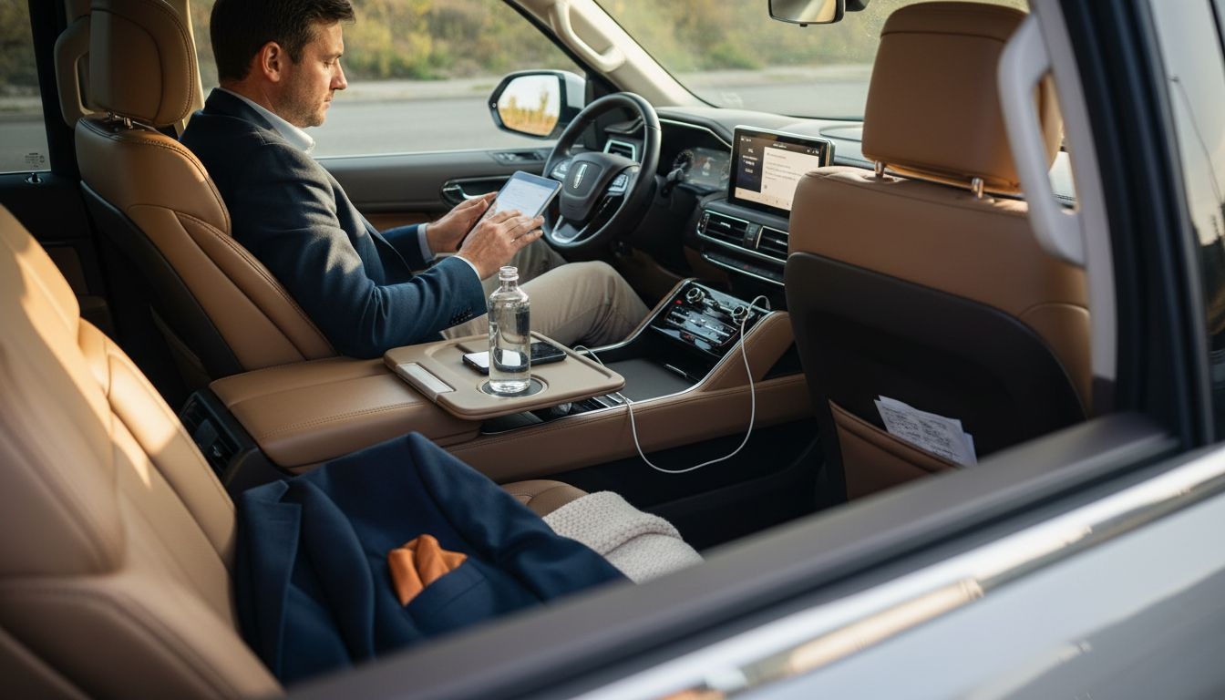 Passenger using amenities in luxury car interior
