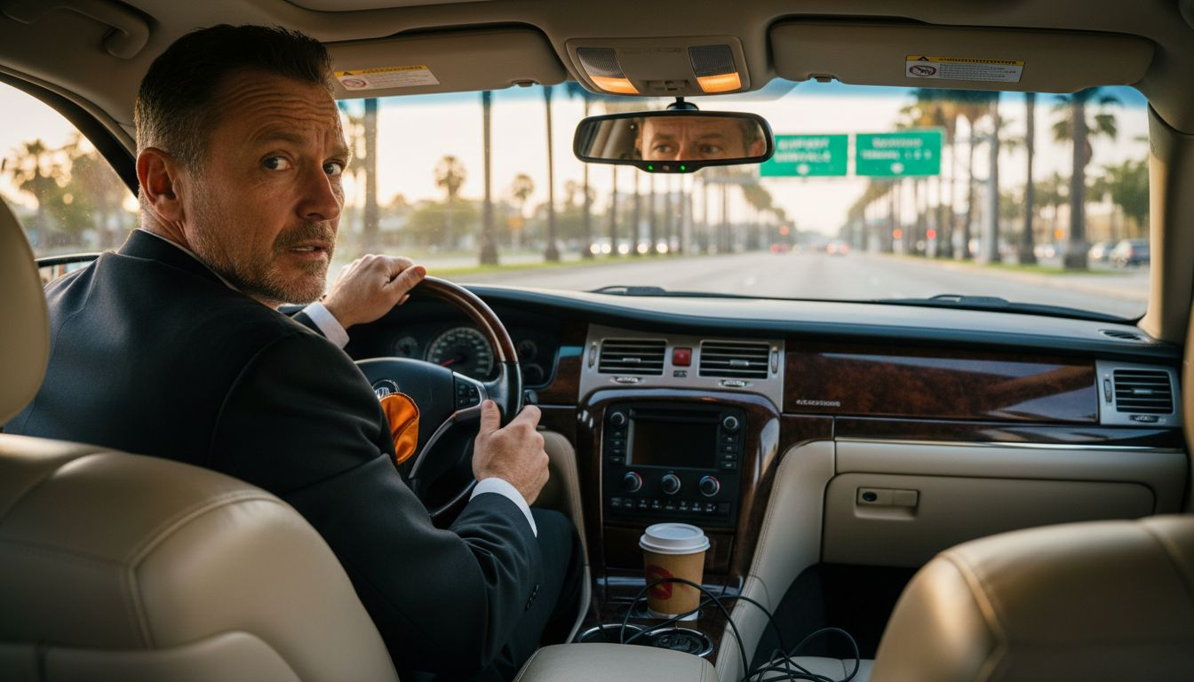 Chauffeur drives limousine toward airport