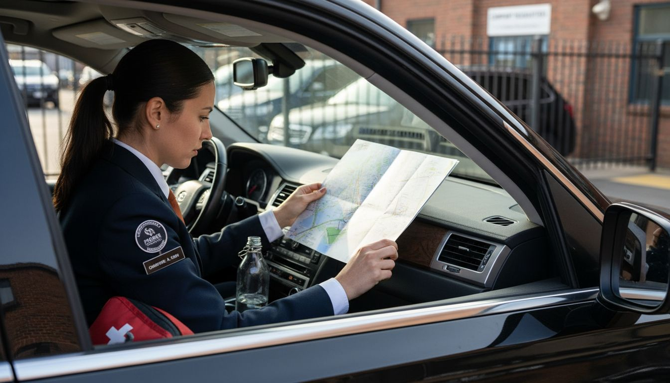 Chauffeur reviewing route for defensive driving