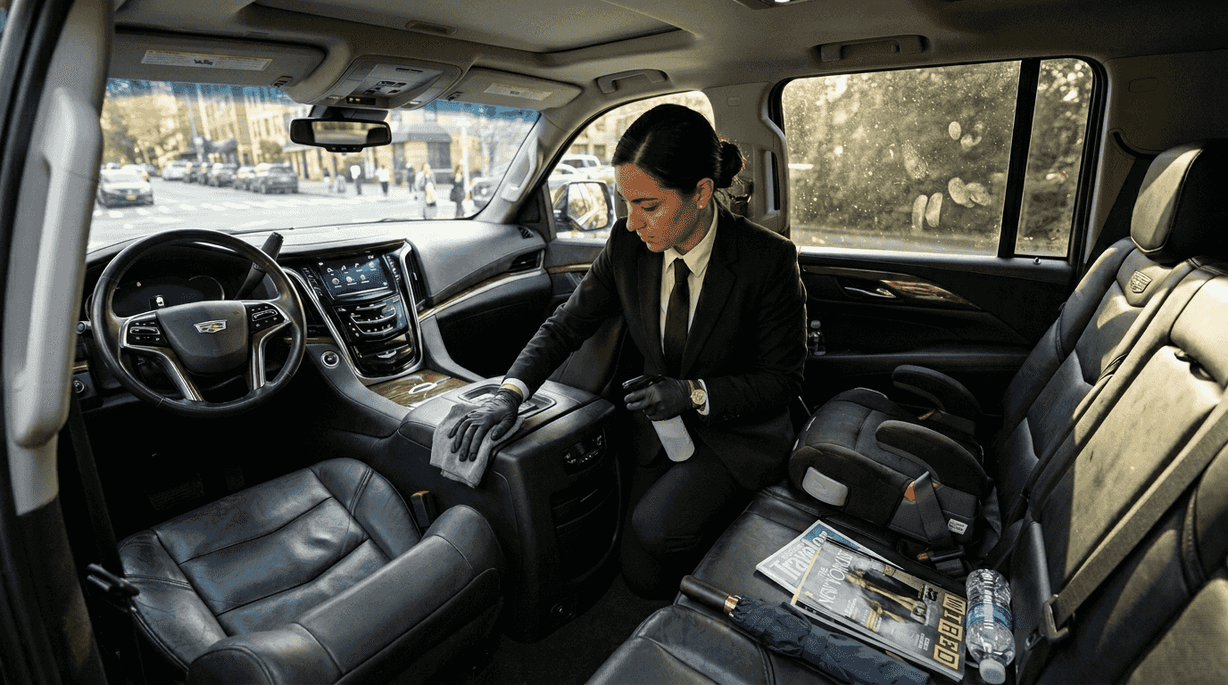 Chauffeur cleaning luxury car interior