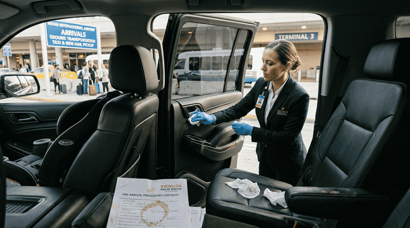 Chauffeur sanitizing SUV interior for safety
