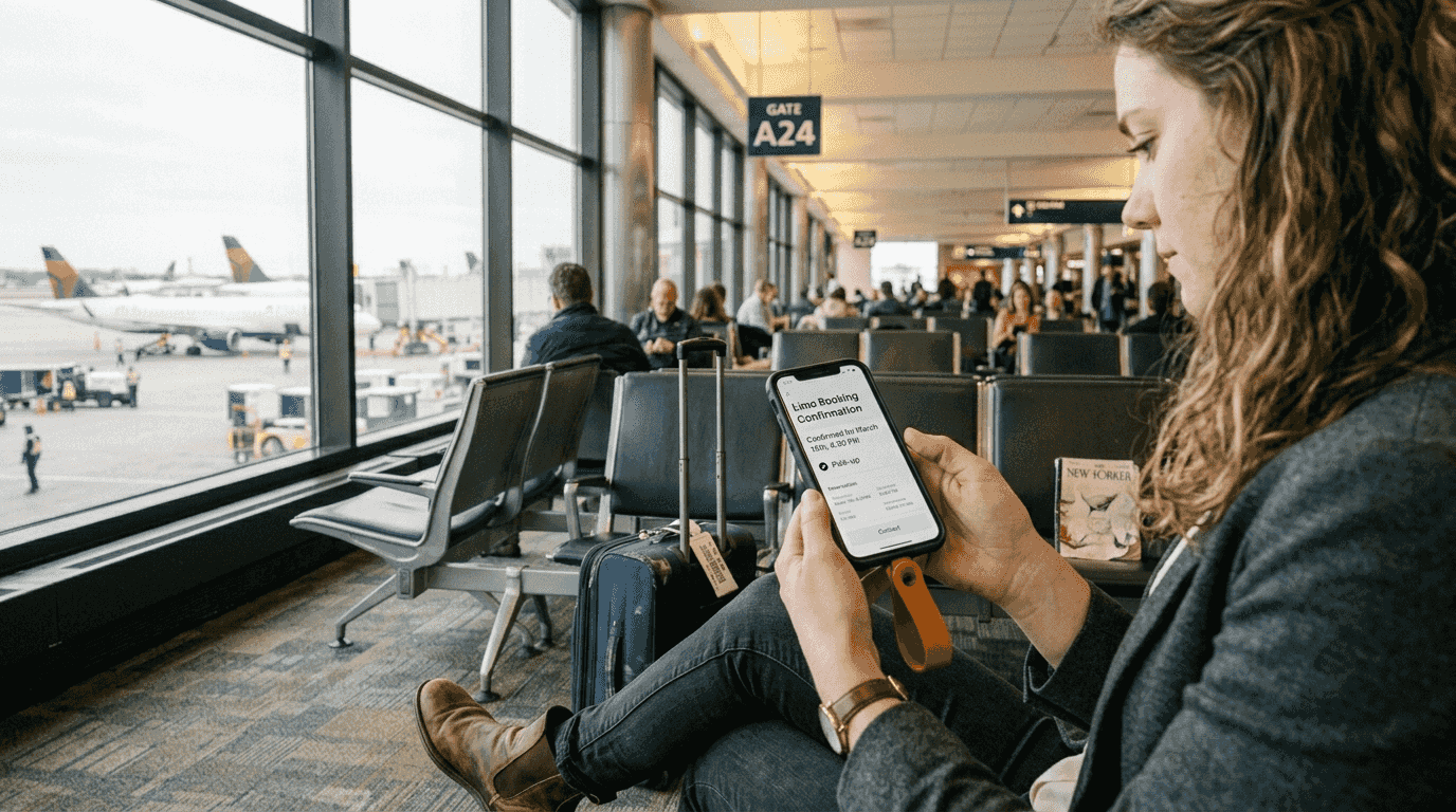 Traveler confirming limo details at airport