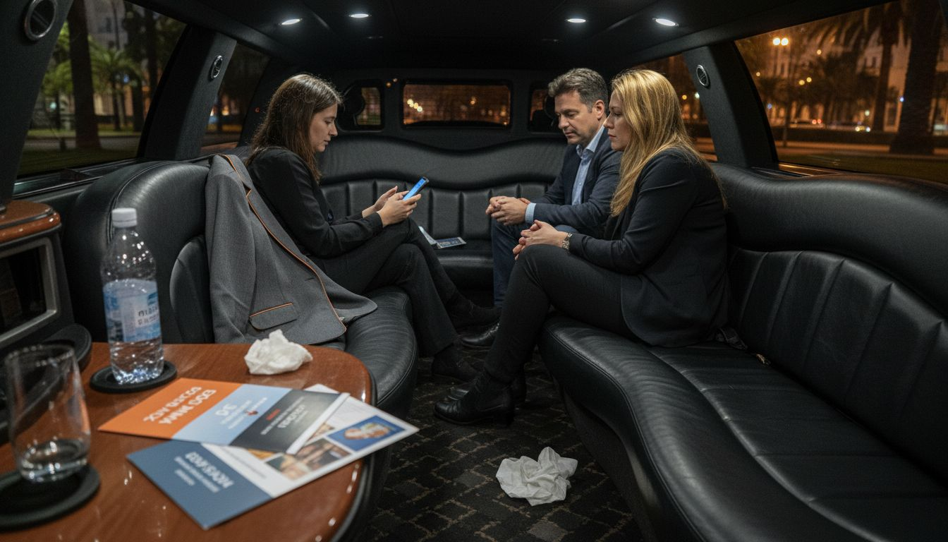 Passengers inside limo with city lights outside