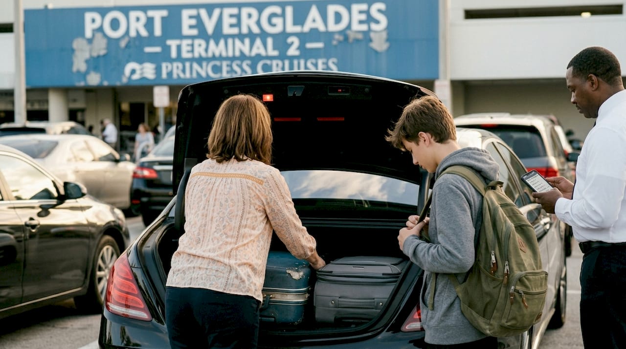 Family loads luggage at cruise terminal
