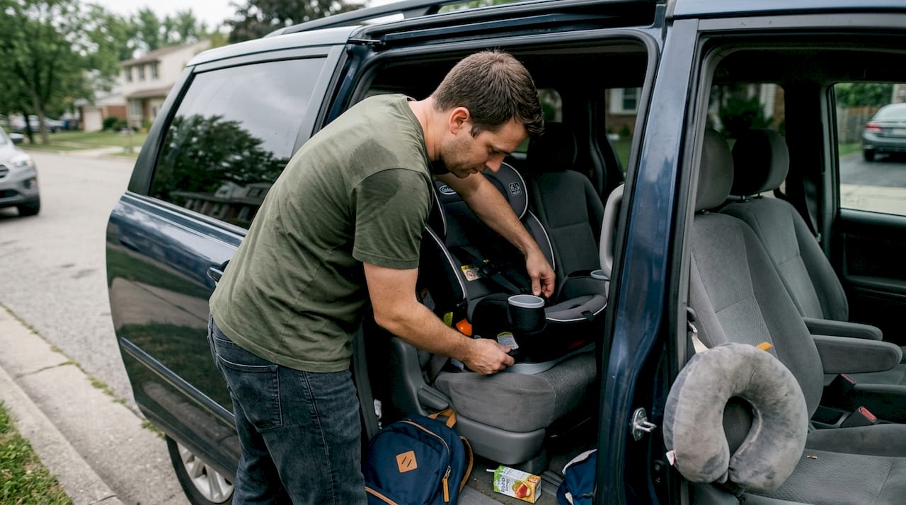 Father installing child car seat in minivan
